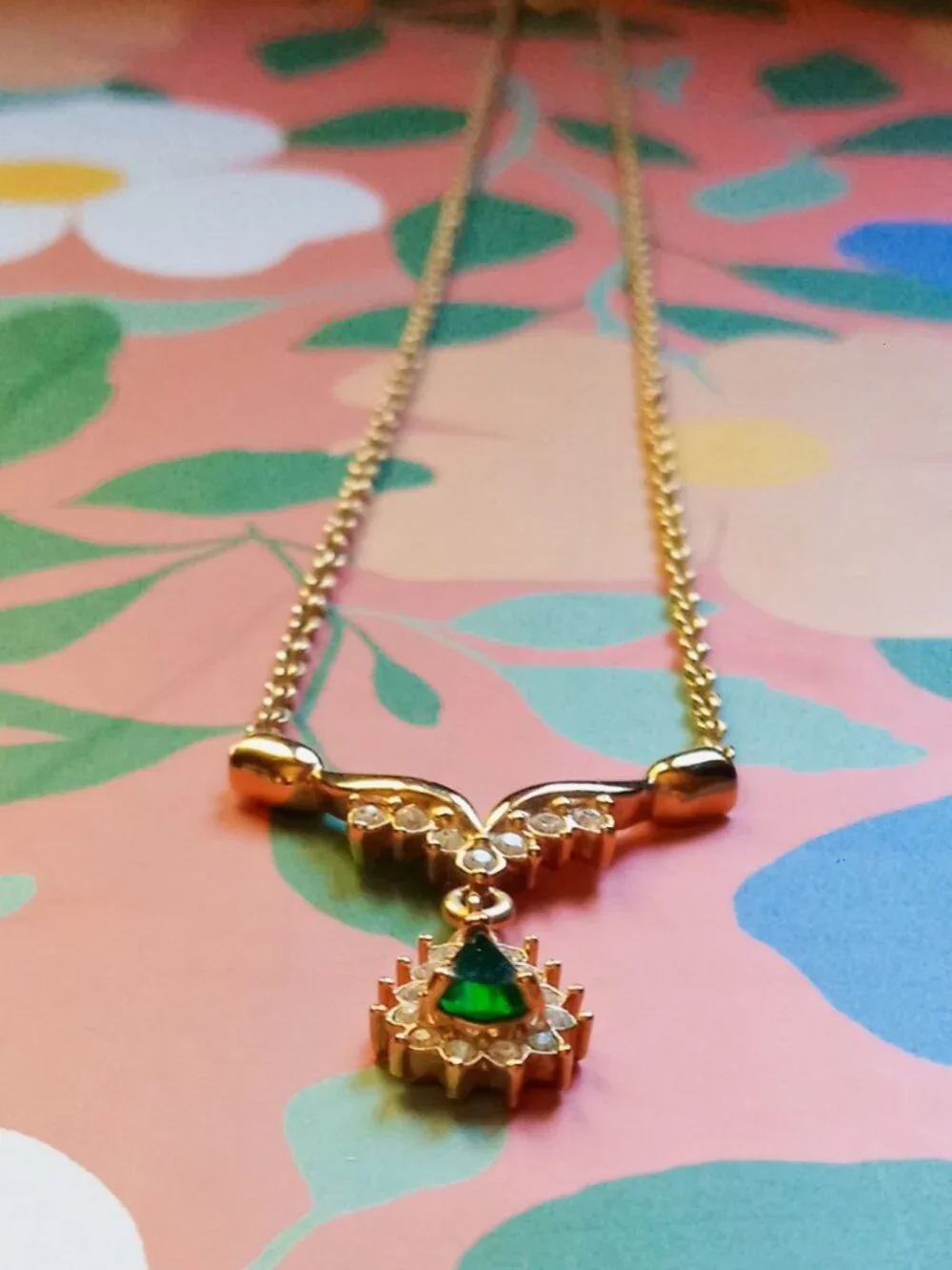 ROMAN Green Gem & Gold Plated Matching Necklace & Earrings Set Worn Once!